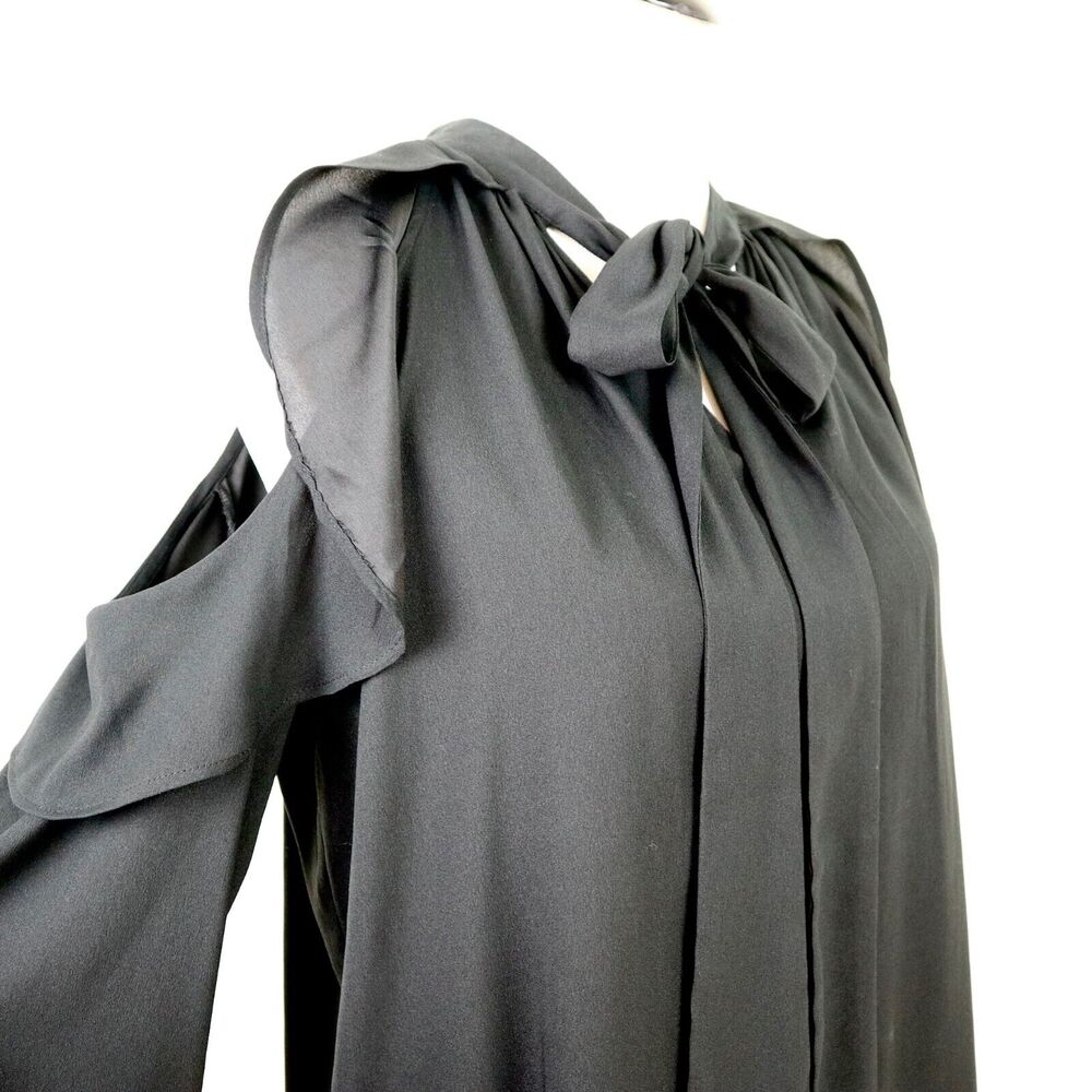 Ann Taylor Size S Cold Shoulder Ruffle Blouse Split Tie V Neck Black - Picture 7 of 11
